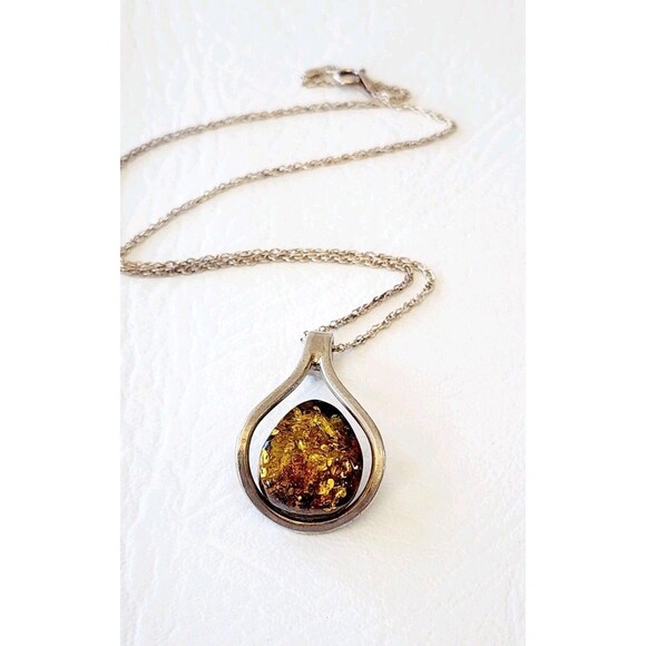 STERLING SILVER MODERNIST AMBER STONE PENDANT CHAIN NECKLACE 925 - Picture 1 of 9